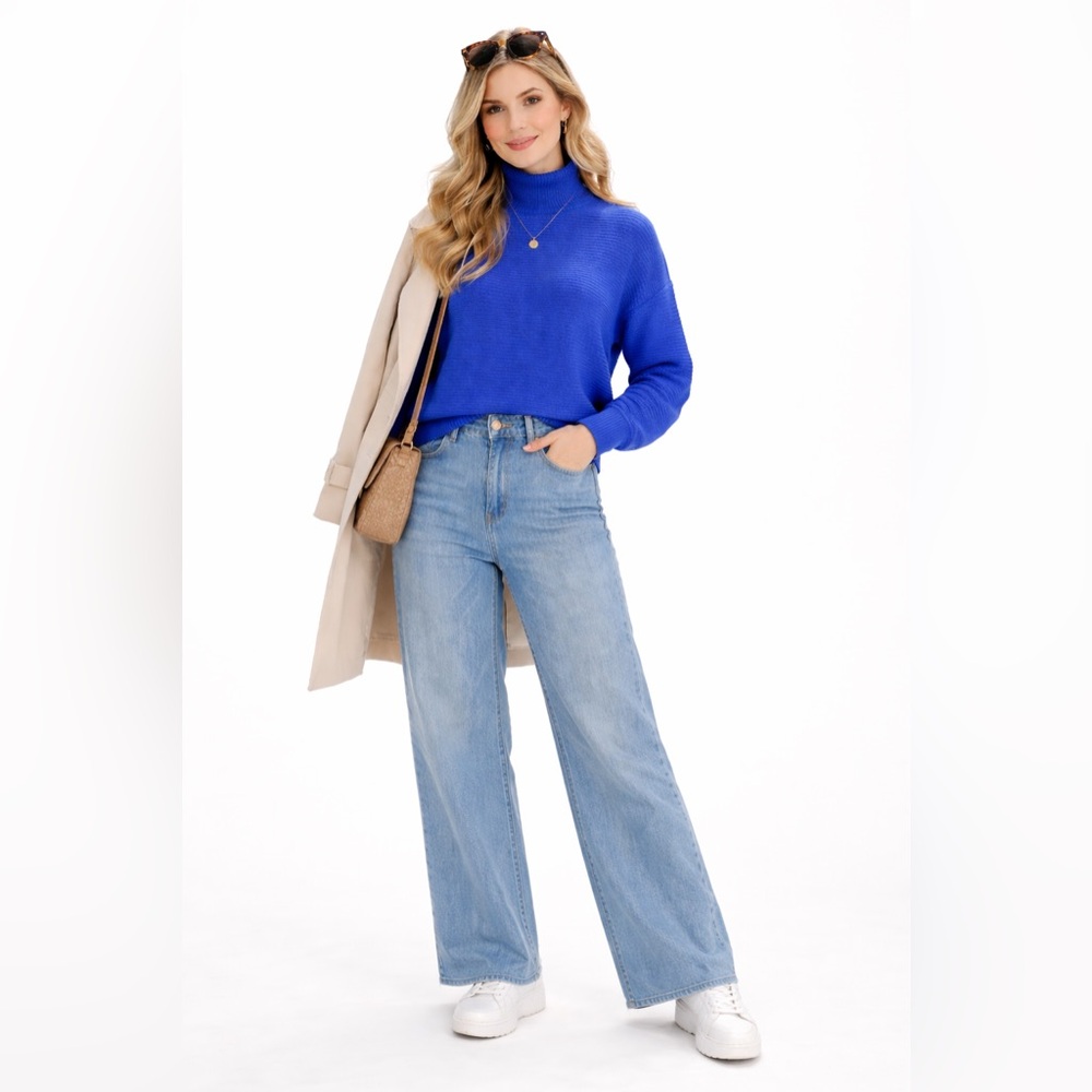 chelsea and theodore  Blue‎ Mock Neck Sweater Soft Oversized Size Med NWT $78